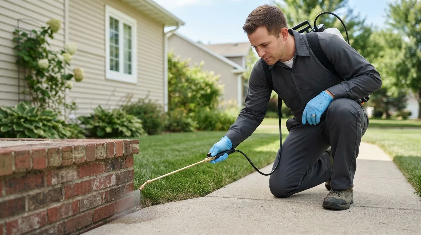 Pest control technician treating a home near Onancock, VA